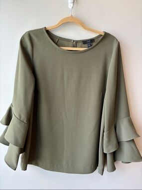 J. Crew Olive Tiered Ruffle Sleeve Blouse